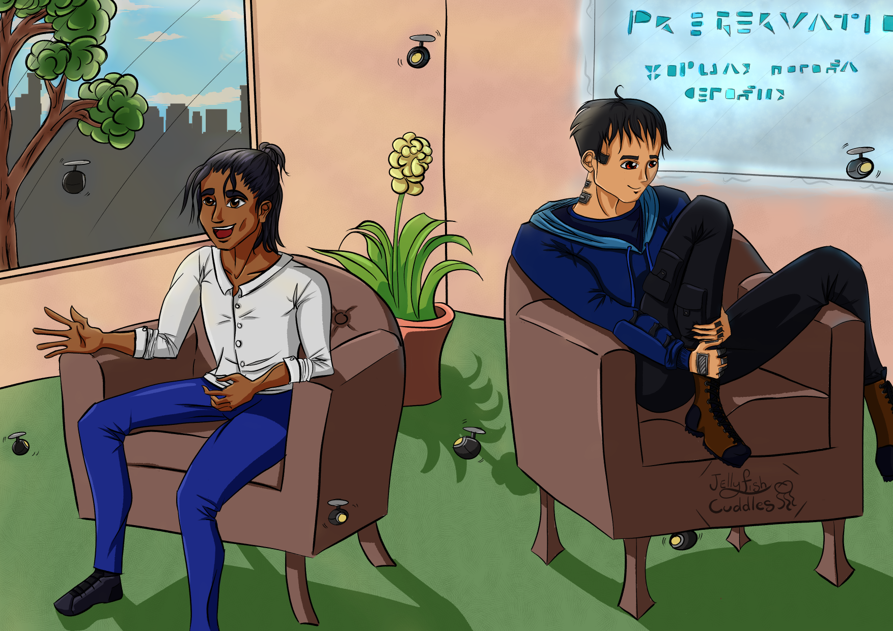 A stylised drawing of Ratthi and Murderbot in a warm, bright room on Preservation. They sit in comfortable chairs facing away from each other. Ratthi is gesturing excitedly as he talks to a drone. Murderbot is relaxed and curled up on the other chair with a small smile, one leg over the arm of its chair. There are seven drones in the room, most of which are focused on Ratthi, one of which is hiding under Murderbot's chair.