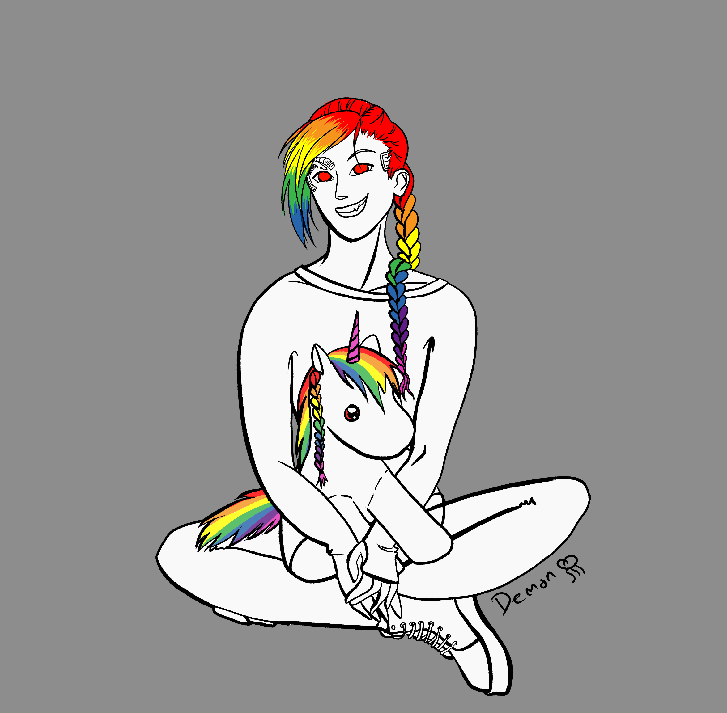 A mostly black and white digital drawing of a construct sitting cross legged on the floor, with a large unicorn plushie in its arms. It is wearing a long sleeved shirt, cargo pants, and chunky boots. It's hair is long and in a braid draped over its shoulder. Both Alpha's hair and the hair of the plush toy is bright rainbow coloured. Alpha's eyes are red.