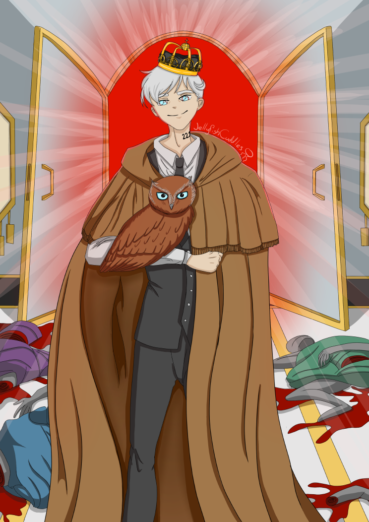 Norman wearing a crown, a black suit, and a brown cloak. He is smirking at the viewer, with an owl perched on his arm. Behind him are many bleeding and broken bodies of demons littering the floor, and a giant open twin door lined with gold. The space behind the door is red and shining light around Norman, looking almost like a halo.
