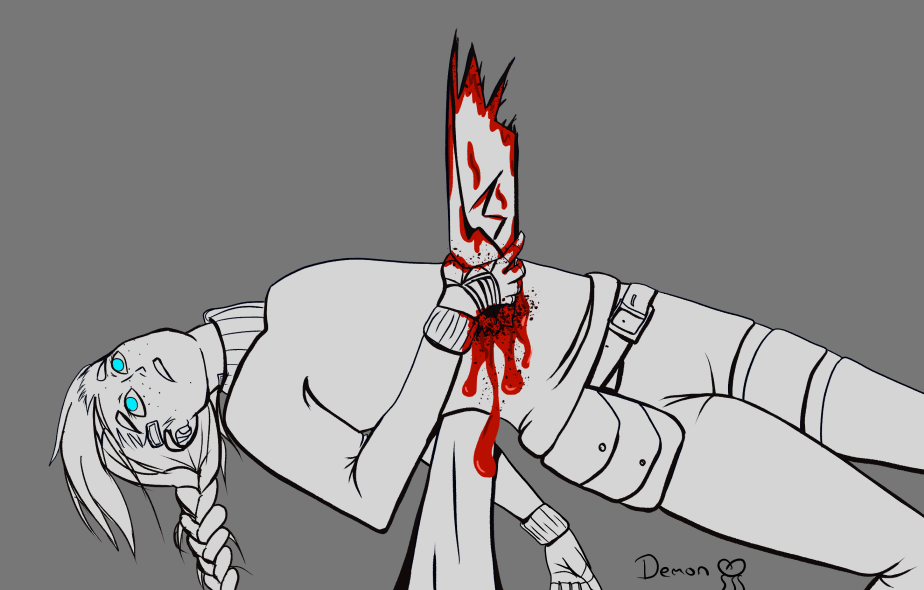 A mostly greyscale drawing of my SecUnit OC Espy impaled on a treebranch. Blood is smeared across the tree branch and leaking from the wound. It's hair is in a braid and it is clutching at the tree branch with one hand, while the other dangles on its other side. The SecUnit's blue eyes and the blood are the only colours in the drawing.