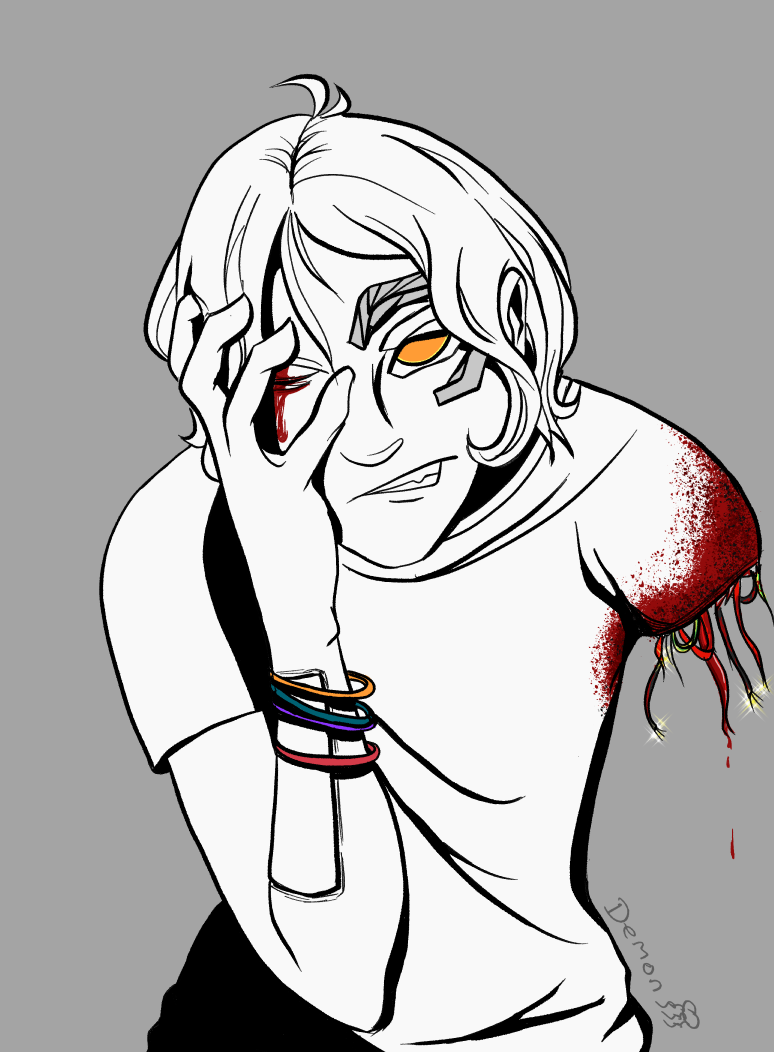 A drawing from the waist up of a construct, Gamma, with jaw-length hair and orange eyes leaning forward, clutching the right side of its face with its right hand and grimacing in pain. It has mechanical augments visible around the left eye, and its right eye is closed with blood trickling over it. Its left arm is missing, with loose sparking wires and bleeding veins hanging from the shoulder, and blood soaked into the sleeve around it. There are four thin bracelets around its right wrist, coloured yellow, blue, purple and red, and it's wearing a T-shirt that leaves the seams of the gunport in its forearm visible.