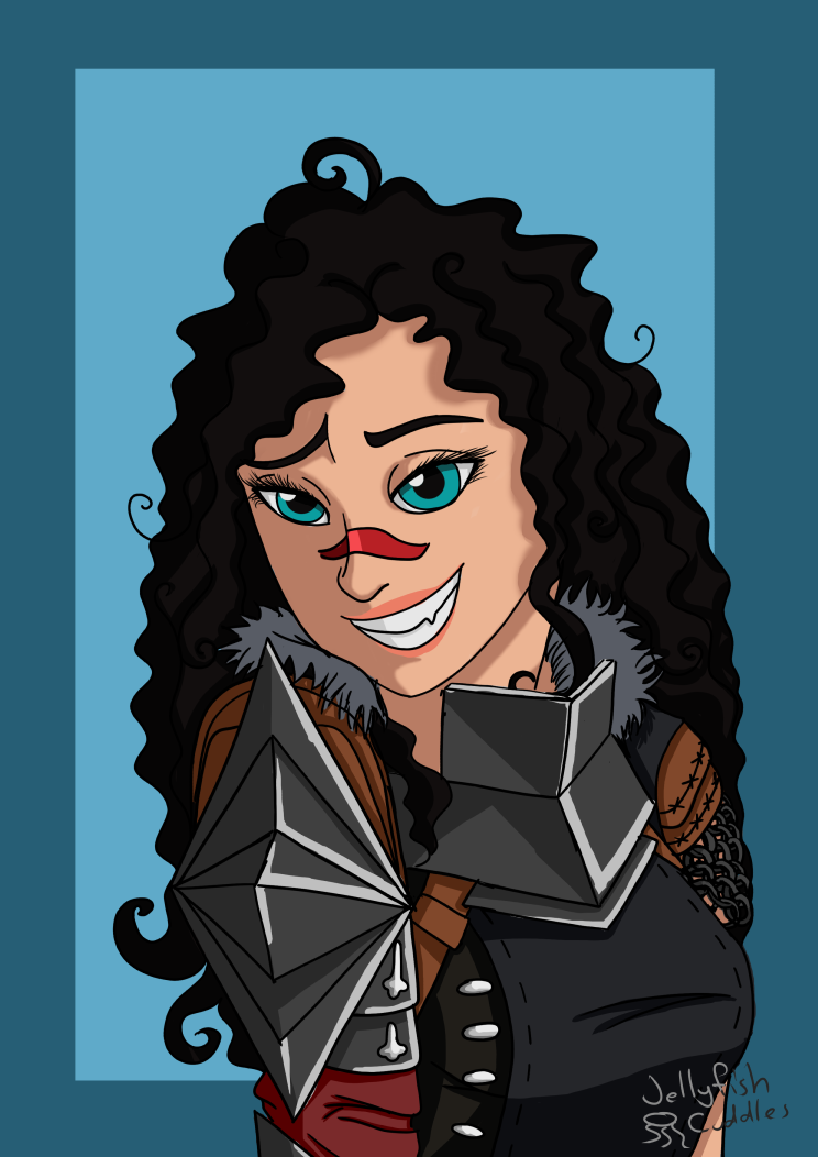 A blue eyed girl, Hawke, with black curly hair, smiling cheekily and smugly over her shoulder. She is wearing a sharp spiky pauldron, a solid neck guard, and a black leather chestpiece.