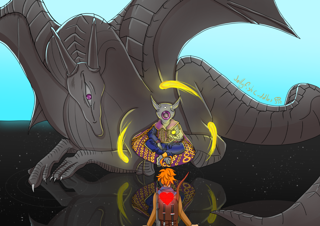 Emma with a backpack and a red heart representing Determination facing down the giant demon dragon and the god of demons. The demon dragon is huge and has one cyclopian eye. The demon god is small and floating cross legged, three golden orbs circling him and another in his hand. His cloak and clothing are gold lined and extravagant. The wide floor stretching out into the horizon looks both like a starry sky and like water.