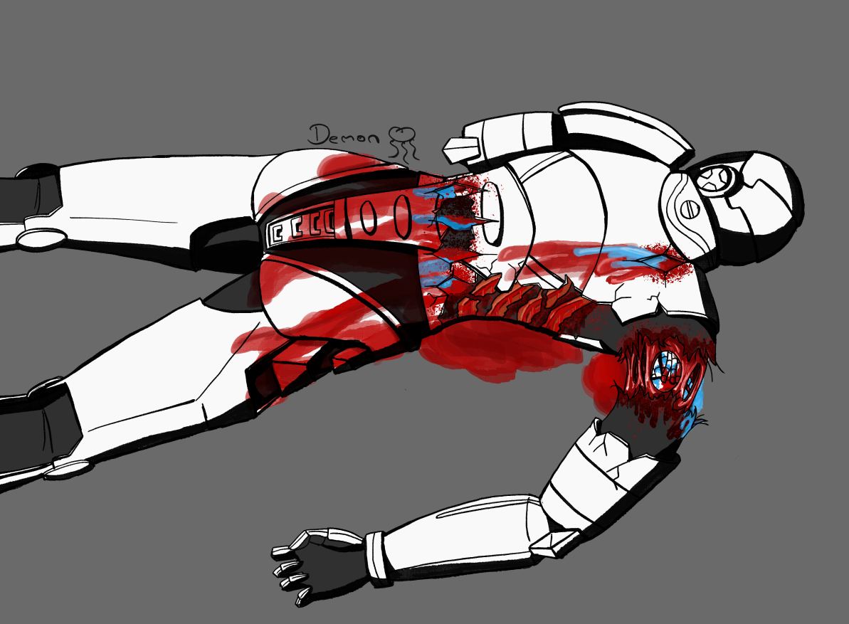 Murderbot in full armour lying on its front, its helmeted face away from the viewer. The armour is white, with black suit skin visible between the plates. It has four huge piercing wounds on its lower back, one on its shoulder blade, and four slashmarks down its side, all of which are gushing red blood and blue secunit fluid. Its arm is torn partially away from its shoulder, revealing raw torn flesh still only just attaching the arm to its shoulder, leaking inorganic cabling visible inside the ripped flesh.