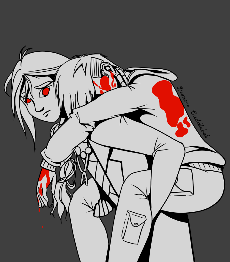 Alpha, a secunit with long hair wearing a long coat and necklaces, carrying Murderbot in a piggyback. Murderbot is wearing a hoodie and cargo pants, and is bleeding from its back, face and hand. It has its face buried in Alpha's shoulder, and Alpha is looking at it with a worried expression. The drawing is rendered in black and white, except for the bright red of Alpha's eyes, and the blood.
