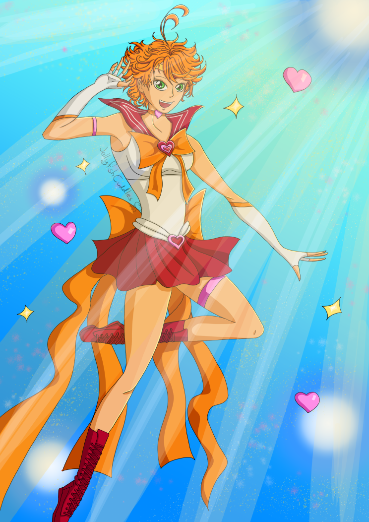 Emma as a sailor scout, floating in the sky, her feet pointed and one arm raised as she smiles at the viewer. The sky is bright, god rays shining across her. Her senshi outfit is red and orange, with red lace-up work boots that reach her knees.