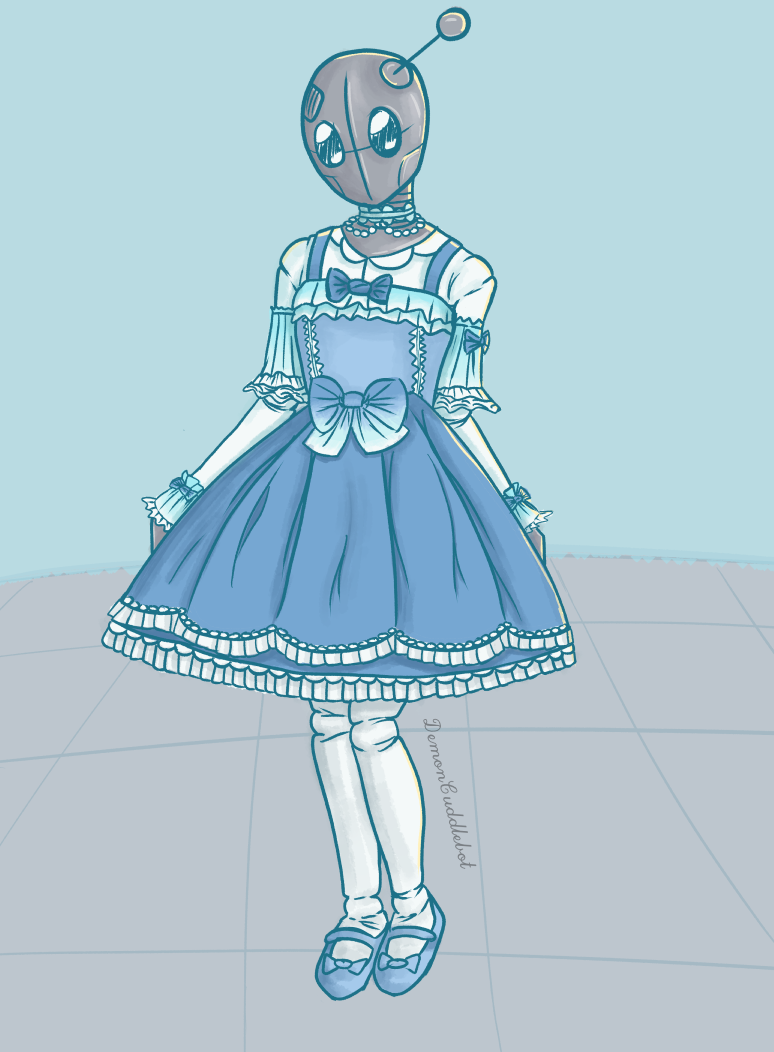 An adorable large eyed robot, Miki, wearing a pretty blue sweet lolita dress with tasteful frills and bows
